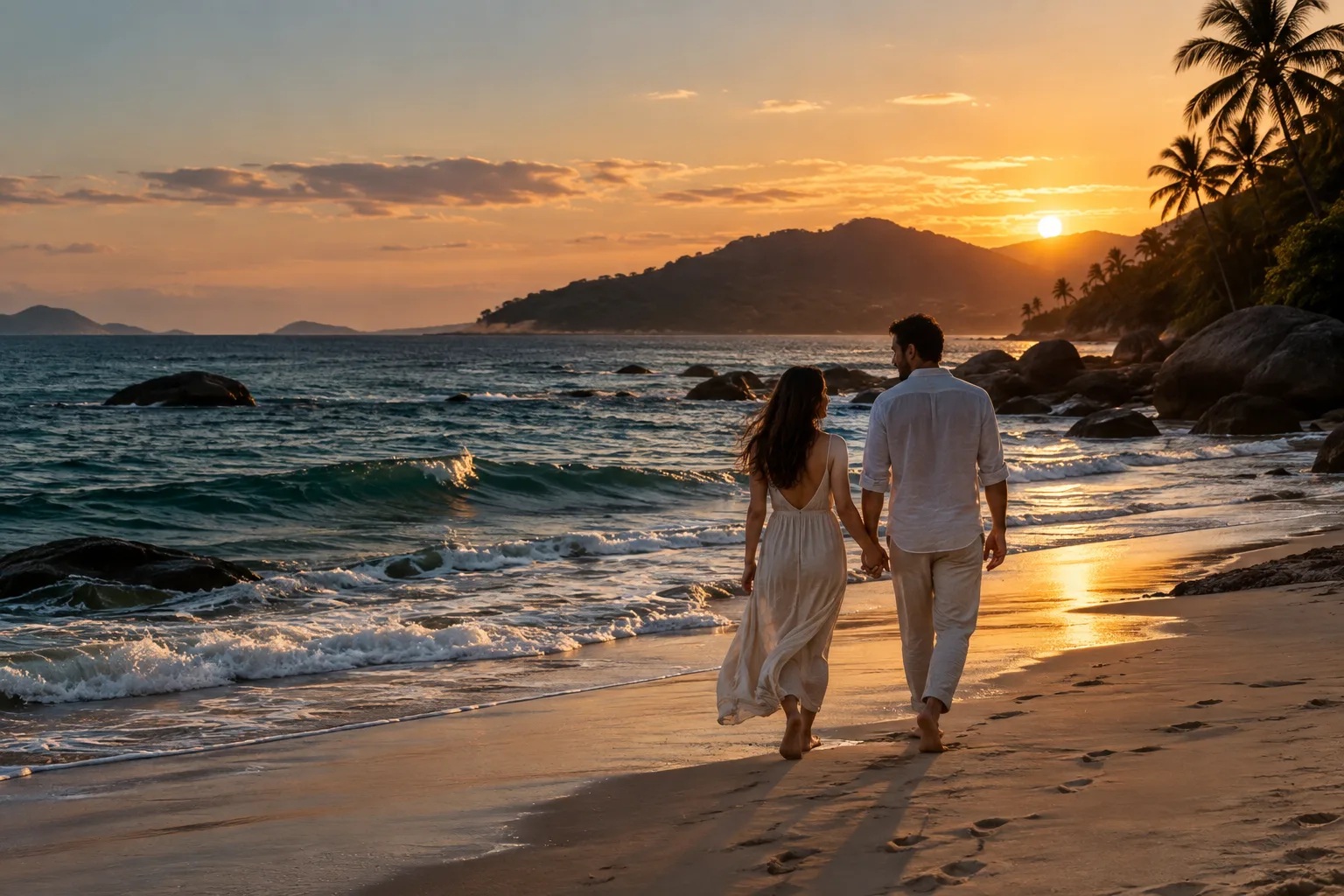 Casal caminhando em uma paisagem ampla ao entardecer